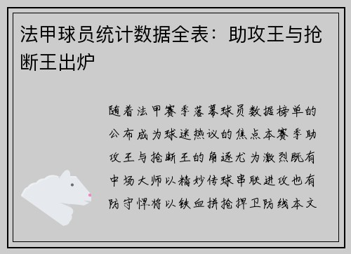 法甲球员统计数据全表：助攻王与抢断王出炉