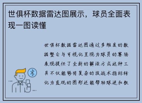 世俱杯数据雷达图展示，球员全面表现一图读懂