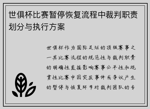 世俱杯比赛暂停恢复流程中裁判职责划分与执行方案