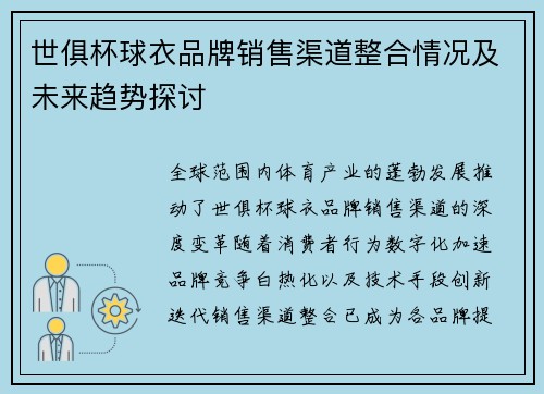世俱杯球衣品牌销售渠道整合情况及未来趋势探讨